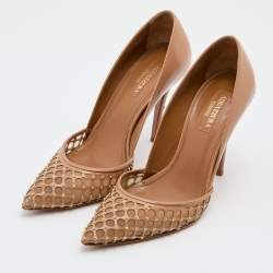 Pre Owned Aquazzura Beige Leather and Mesh Studded Pointed Toe Pumps Size 36