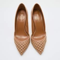 Pre Owned Aquazzura Beige Leather and Mesh Studded Pointed Toe Pumps Size 36