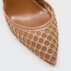 Pre Owned Aquazzura Beige Leather and Mesh Studded Pointed Toe Pumps Size 36