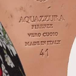 Pre Owned Aquazzura Multicolor Fabric Cherry Blossom Print Wedge Ankle Wrap Sandals Size 41