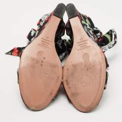 Pre Owned Aquazzura Multicolor Fabric Cherry Blossom Print Wedge Ankle Wrap Sandals Size 41