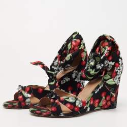 Pre Owned Aquazzura Multicolor Fabric Cherry Blossom Print Wedge Ankle Wrap Sandals Size 41