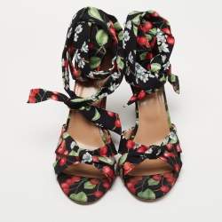 Pre Owned Aquazzura Multicolor Fabric Cherry Blossom Print Wedge Ankle Wrap Sandals Size 41
