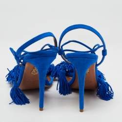 Pre Owned Aquazzura Blue Suede Wild Thing Ankle Wrap Sandals Size 39.5