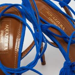 Pre Owned Aquazzura Blue Suede Wild Thing Ankle Wrap Sandals Size 39.5