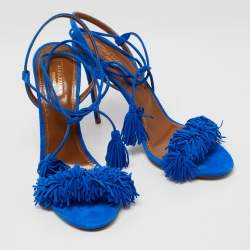Pre Owned Aquazzura Blue Suede Wild Thing Ankle Wrap Sandals Size 39.5