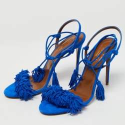 Pre Owned Aquazzura Blue Suede Wild Thing Ankle Wrap Sandals Size 39.5
