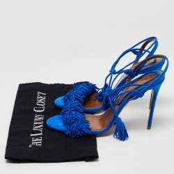 Pre Owned Aquazzura Blue Suede Wild Thing Ankle Wrap Sandals Size 39.5