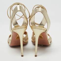 Pre Owned Aquazzura Metallic Gold Leather Nathalie Ankle Wrap Sandals Size 37