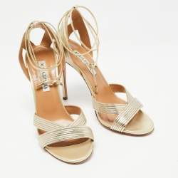 Pre Owned Aquazzura Metallic Gold Leather Nathalie Ankle Wrap Sandals Size 37