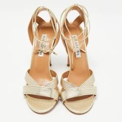 Pre Owned Aquazzura Metallic Gold Leather Nathalie Ankle Wrap Sandals Size 37