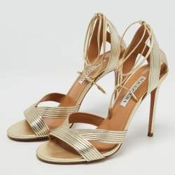 Pre Owned Aquazzura Metallic Gold Leather Nathalie Ankle Wrap Sandals Size 37