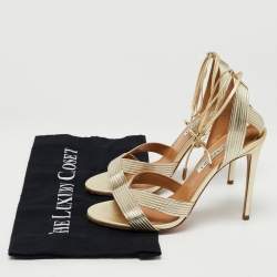 Pre Owned Aquazzura Metallic Gold Leather Nathalie Ankle Wrap Sandals Size 37