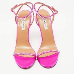 Pre Owned Aquazzura Pink Satin Crystal Embellishment Ankle Strap Sandals Size 39.5