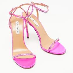 Pre Owned Aquazzura Pink Satin Crystal Embellishment Ankle Strap Sandals Size 39.5