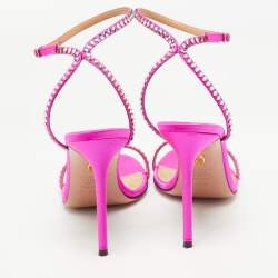 Pre Owned Aquazzura Pink Satin Crystal Embellishment Ankle Strap Sandals Size 39.5