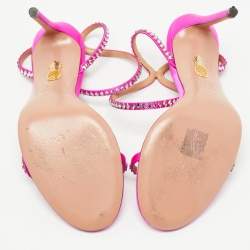 Pre Owned Aquazzura Pink Satin Crystal Embellishment Ankle Strap Sandals Size 39.5