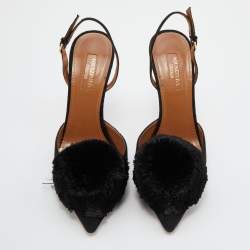 Pre Owned Aquazzura Black Suede Powder Puff Pointed Toe Slingback Pumps Size 38
