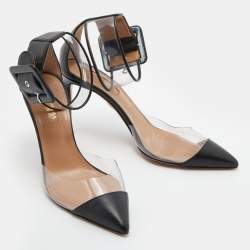 Pre Owned Aquazzura Black/Transparent Leather and PVC Ankle Strap Sandals Size 37