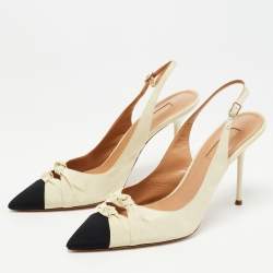 Pre Owned Aquazzura White/Black Canvas Cap Toe Slingback Pumps Size 38 