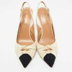 Pre Owned Aquazzura White/Black Canvas Cap Toe Slingback Pumps Size 38 
