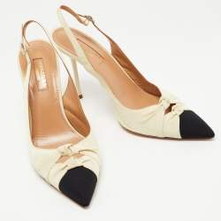 Pre Owned Aquazzura White/Black Canvas Cap Toe Slingback Pumps Size 38 