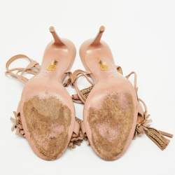 Pre Owned Aquazzura Pink Leather Embellished Tassel Wild Thing Ankle Tie Sandals Size 39