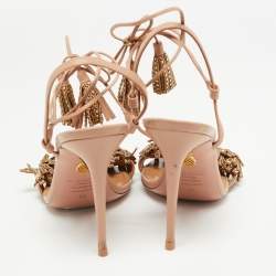 Pre Owned Aquazzura Pink Leather Embellished Tassel Wild Thing Ankle Tie Sandals Size 39