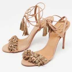 Pre Owned Aquazzura Pink Leather Embellished Tassel Wild Thing Ankle Tie Sandals Size 39