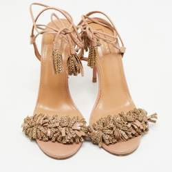 Pre Owned Aquazzura Pink Leather Embellished Tassel Wild Thing Ankle Tie Sandals Size 39
