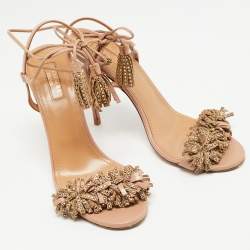 Pre Owned Aquazzura Pink Leather Embellished Tassel Wild Thing Ankle Tie Sandals Size 39