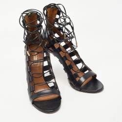 Pre Owned Aquazzura Black Leather Amazon Lace Up Sandals Size 40