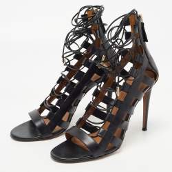 Pre Owned Aquazzura Black Leather Amazon Lace Up Sandals Size 40