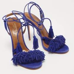 Pre Owned Aquazzura Blue Suede Wild Thing Ankle Wrap Sandals Size 39