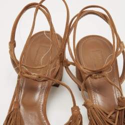 Pre Owned Aquazzura Brown Suede Wild Thing Fringe Ankle Wrap Block Heel Sandals Size 39