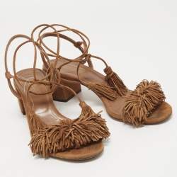 Pre Owned Aquazzura Brown Suede Wild Thing Fringe Ankle Wrap Block Heel Sandals Size 39