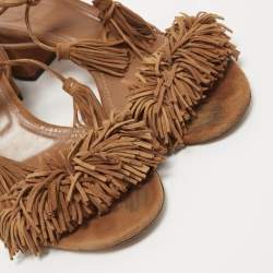 Pre Owned Aquazzura Brown Suede Wild Thing Fringe Ankle Wrap Block Heel Sandals Size 39