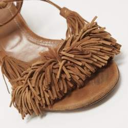 Pre Owned Aquazzura Brown Suede Wild Thing Fringe Ankle Wrap Block Heel Sandals Size 39