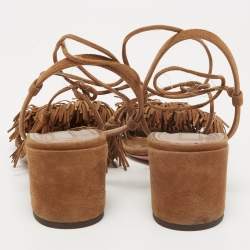 Pre Owned Aquazzura Brown Suede Wild Thing Fringe Ankle Wrap Block Heel Sandals Size 39