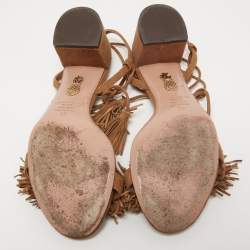 Pre Owned Aquazzura Brown Suede Wild Thing Fringe Ankle Wrap Block Heel Sandals Size 39
