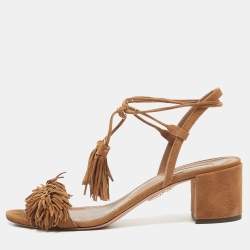 Pre Owned Aquazzura Brown Suede Wild Thing Fringe Ankle Wrap Block Heel Sandals Size 39