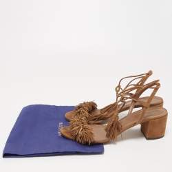 Pre Owned Aquazzura Brown Suede Wild Thing Fringe Ankle Wrap Block Heel Sandals Size 39