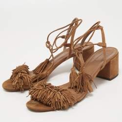 Pre Owned Aquazzura Brown Suede Wild Thing Fringe Ankle Wrap Block Heel Sandals Size 39