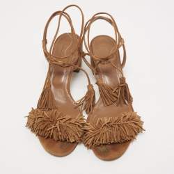 Pre Owned Aquazzura Brown Suede Wild Thing Fringe Ankle Wrap Block Heel Sandals Size 39
