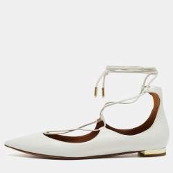 Pre Owned Aquazzura White Leather Christy Lace Up Ballet Flats Size 37.5