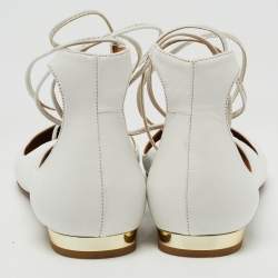 Pre Owned Aquazzura White Leather Christy Lace Up Ballet Flats Size 37.5