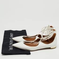 Pre Owned Aquazzura White Leather Christy Lace Up Ballet Flats Size 37.5