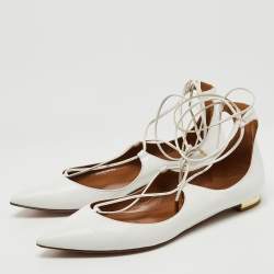 Pre Owned Aquazzura White Leather Christy Lace Up Ballet Flats Size 37.5