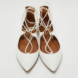 Pre Owned Aquazzura White Leather Christy Lace Up Ballet Flats Size 37.5