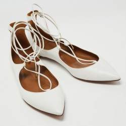 Pre Owned Aquazzura White Leather Christy Lace Up Ballet Flats Size 37.5